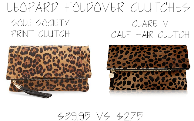 A save vs splurge post comparing leopard foldover clutches from Clare V and Sole Society.