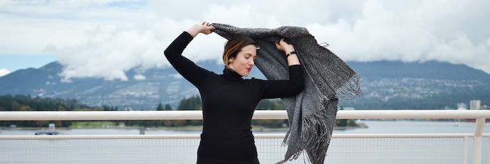 Le Chateau Italian yarn poncho, culottes and turtleneck blogger Vancouver