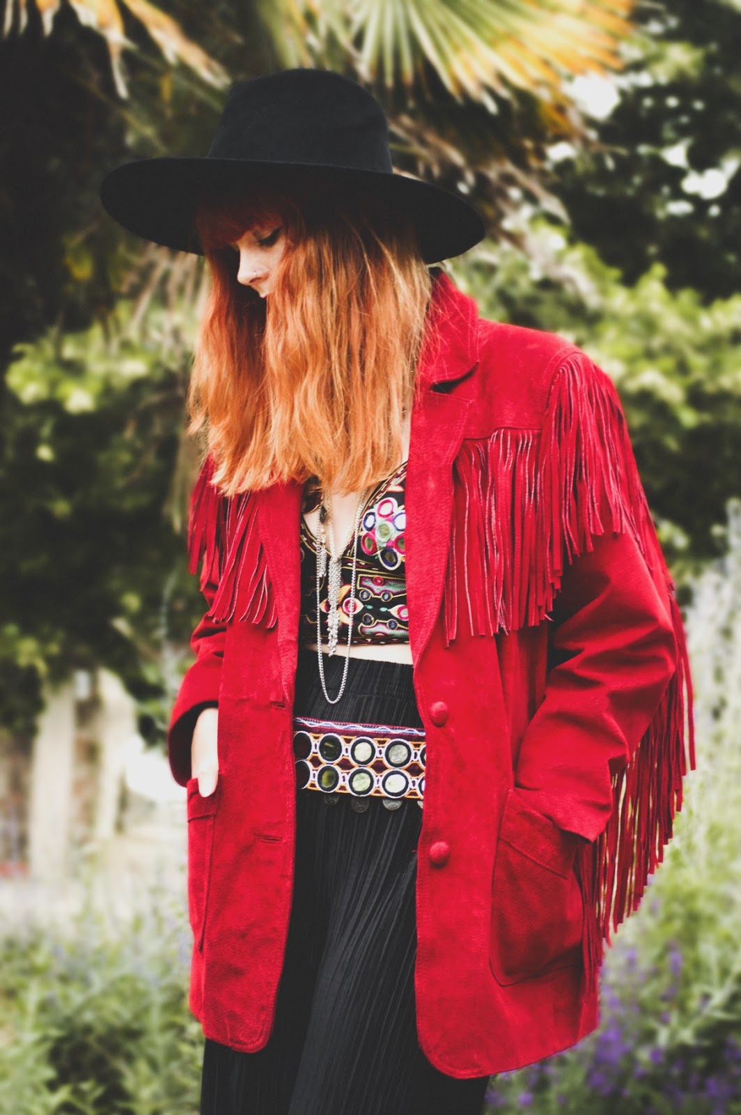 Vintage Red Suede Fringed Jacket 70s Fashion Blogger Photography