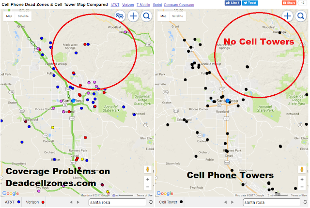 Map of Cell Phone Coverage Problems in Santa Rosa