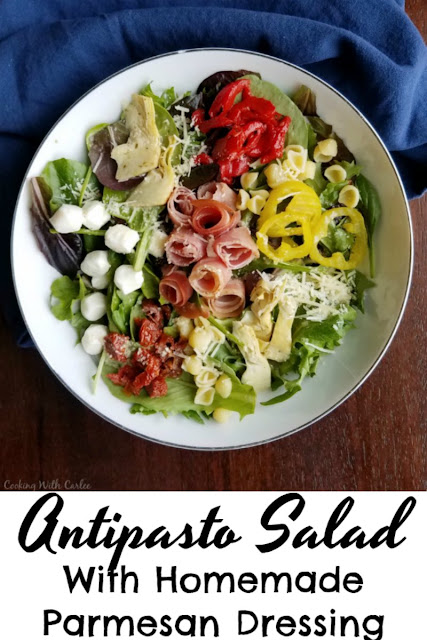 All of the goodness of an antipasto spread on a perfectly flavorful salad. A drizzle of our favorite Parmesan salad dressing helps make this a great brunch, lunch or salad course to start and amazing meal!