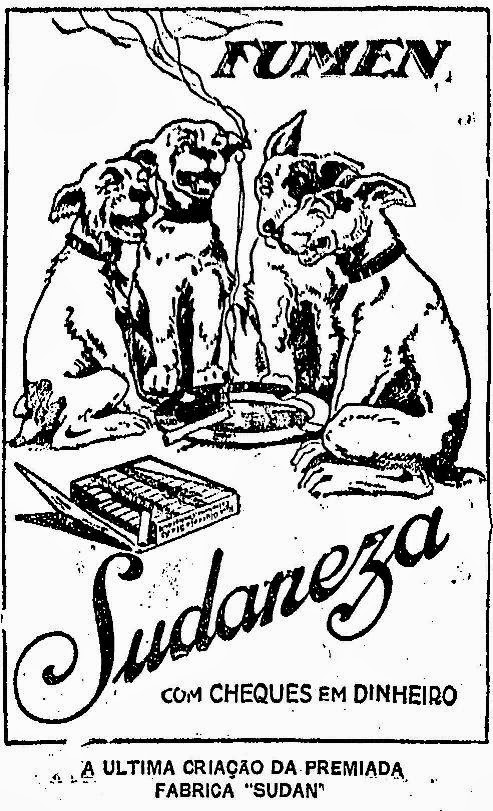 Propaganda dos Cigarros Sudaneza com cachorros em 1925.
