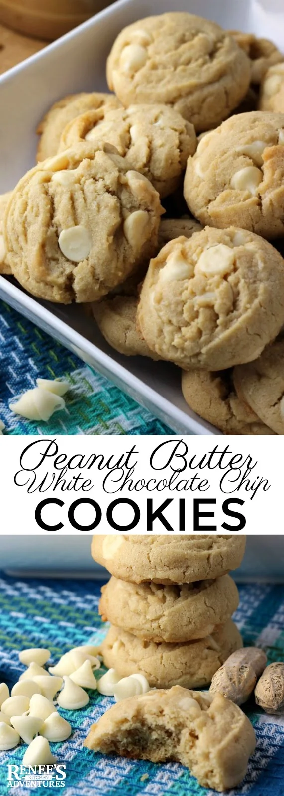Peanut Butter White Chocolate Chip Cookies | Renee's Kitchen Adventures - Easy recipe for Peanut Butter White Chocolate Chip Cookies. Perfect a perfect addition to your holiday baking menu! Rich peanut butter cookies are studded with lots of white chocolate chips and sprinkled with a little salt. These cookies are delicious! #cookie #cookies #cookierecipe #peanutbuttercookies #chocolatechips #whitechocolatechips
