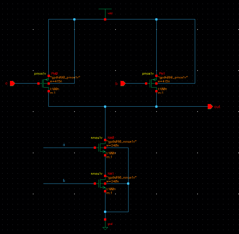 Inception Electronics CMOS NAND Gate Design 90 nm Technology