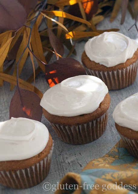 Gluten-free pumpkin cupcakes with maple cream cheese icing.