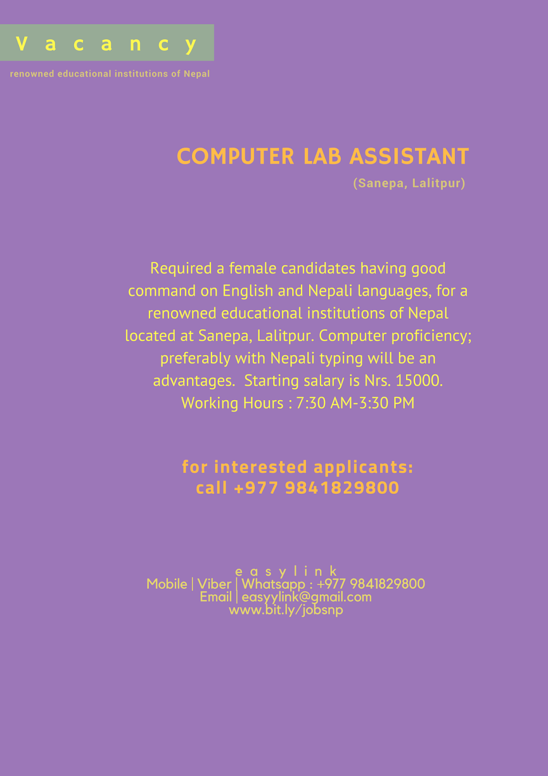Vacancy Computer Lab Assistant Lalitpur EasyLink No. 9841829800