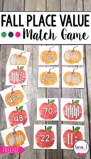 Grab your free Fall Place Value Match Game. This makes the perfect math activity for first, second or third grade.