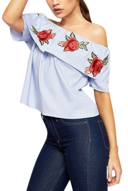 Iyasson Women Striped Off Shoulder Rose Embroidery Top 