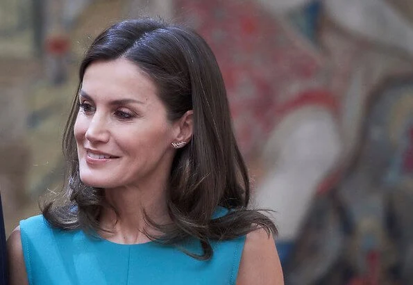 Queen Letizia wore a belted midi dress by Hugo Boss. Queen Letizia wore Hugo Boss Dadoria midi length shift dress