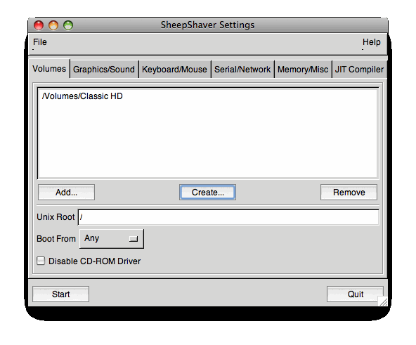The SheepShaverGUI Volumes tab showing our created volume
