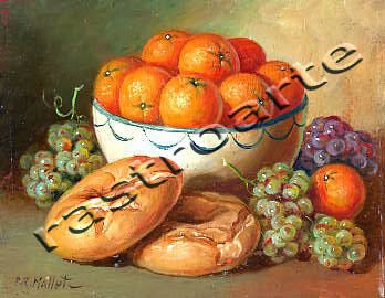 Bodegón con bol de cerámica decorada, naranjas, uvas y una rosca de pan
