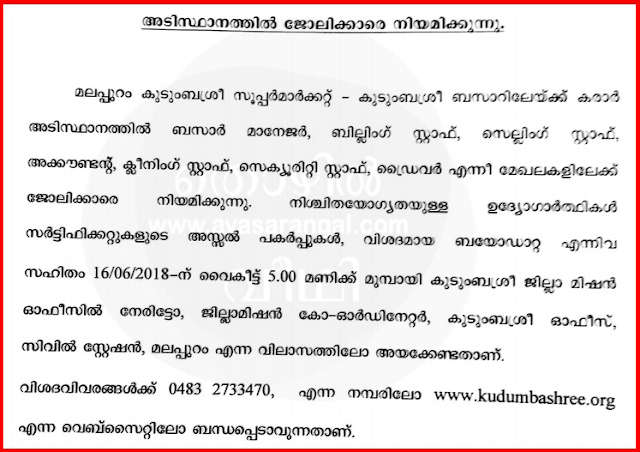 Kudumbashree Bazar Recruitment 2018 │ Kudumbashree Bazar vacancies in Malappuram District.