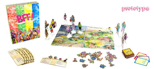 A board game box and board, along with stand up character tokens, "charm" tokens, some cards, and character cards.