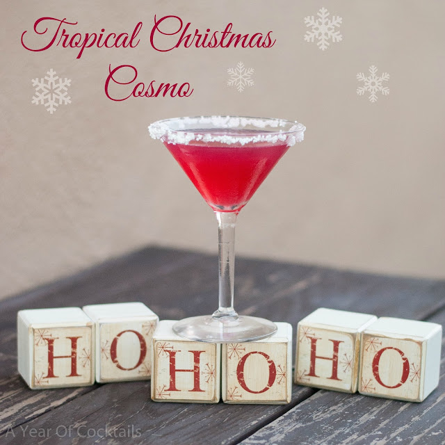 Tropical Christmas Cosmo, christmas cocktail, tropical punch vodka, cranberry juice, lime juice, triple sec