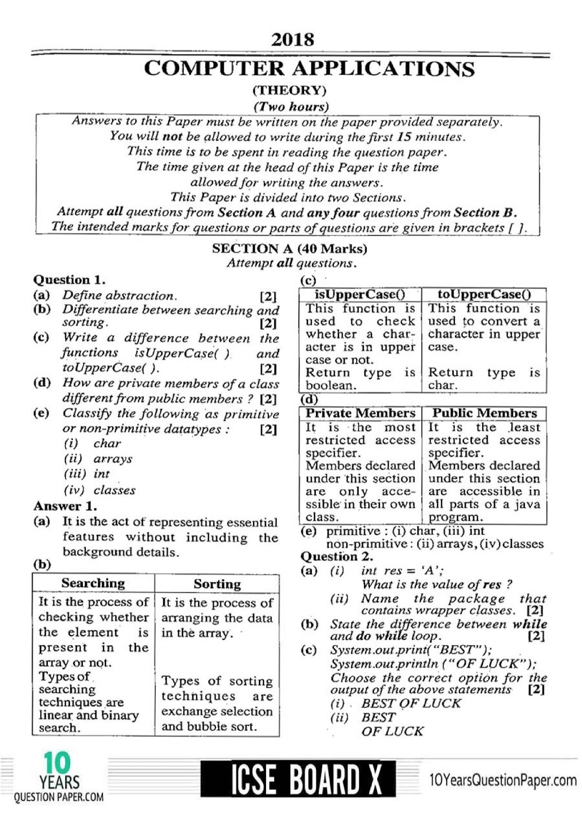 Computer Application ICSE 2017-2018 computer question paper for Class X Computer Application 2018 Solved ICSE board class 10 Question Paper
