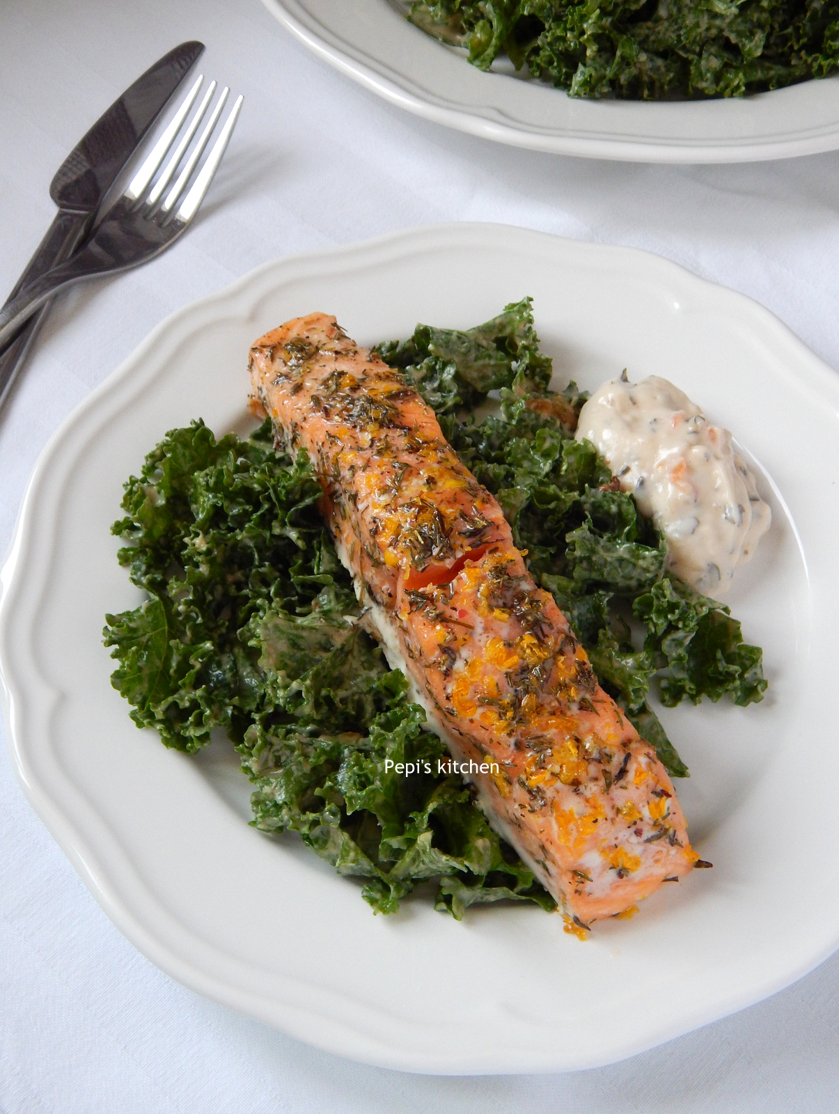 Pepi's kitchen in english Baked Salmon with Kale Salad and Sesame Oil