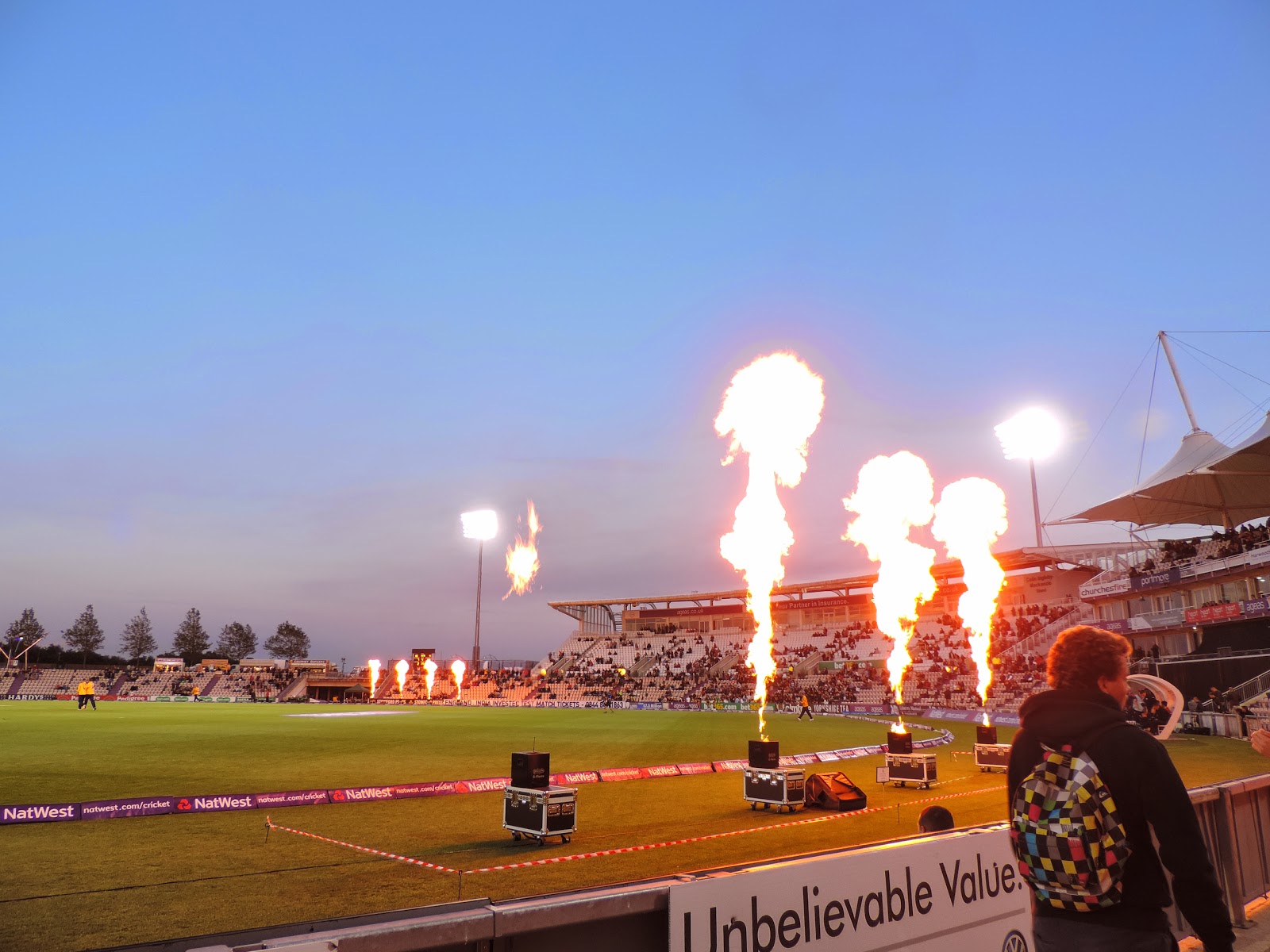 flamethrowers at ageas rose bowl eastleigh southampton natwest blast t20 cricket match crowd festivities cheerleaders and flame throwers