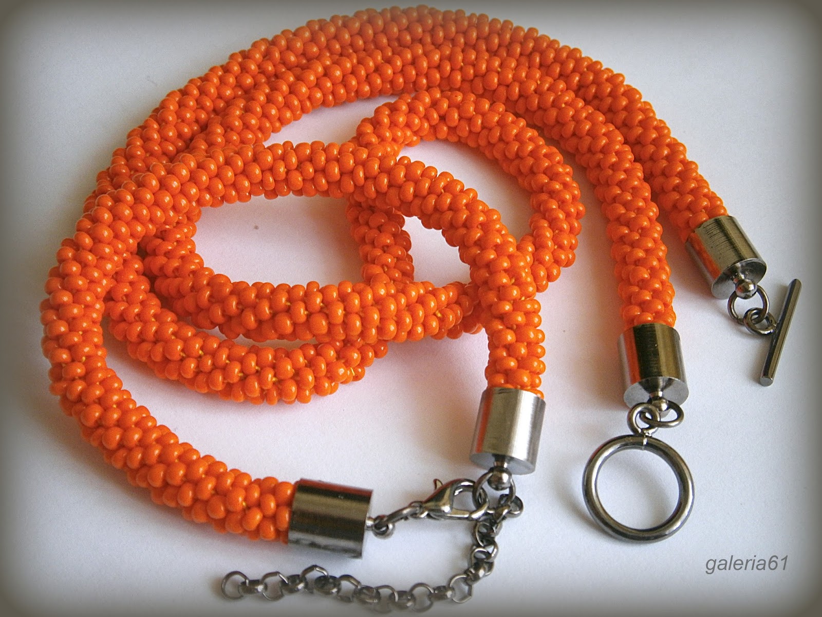 bransoletka, sznur szydełkowo - koralikowy, naszyjnik, orange
