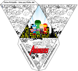 Los Vengadores Chibi: Cajas para Imprimir Gratis. Caja con forma de pirámide de Los Vengadores Chibi.