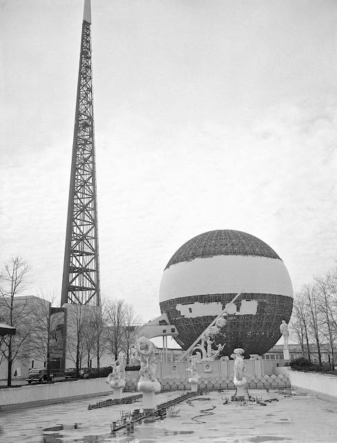 The second and last season of this edition of the New York World's Fair closed on October 27, 1940. Unfortunately, events in Europe were descending into a second World War, and budget overruns ended up leaving the World's Fair as a financial failure. Shown here is a view of the View of the Trylon and Perisphere being dismantled in New York, on January 23, 1941.