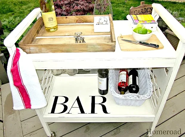 Create a rolling bar cart for your next party from a repurposed old cart.