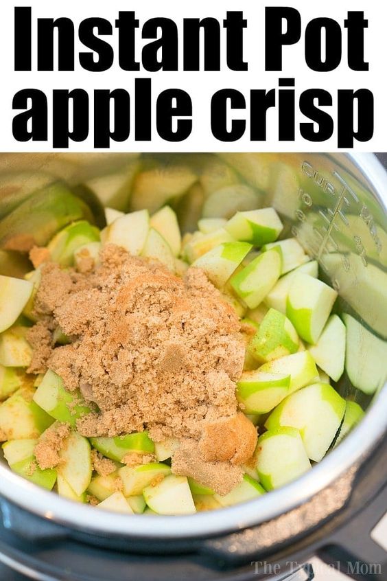 This Instant Pot apple crisp recipe is amazing! Tastes like copycat Cracker Barrel baked apples we love but made in less than 20 minutes total. Warm cinnamon apples coated with a ooey gooey brown sugar glaze your family will go crazy over for sure. Try this homemade pressure cooker fruit dessert this week! #instantpot #pressurecooker #apples #applecrisp #baked #dessert #pie