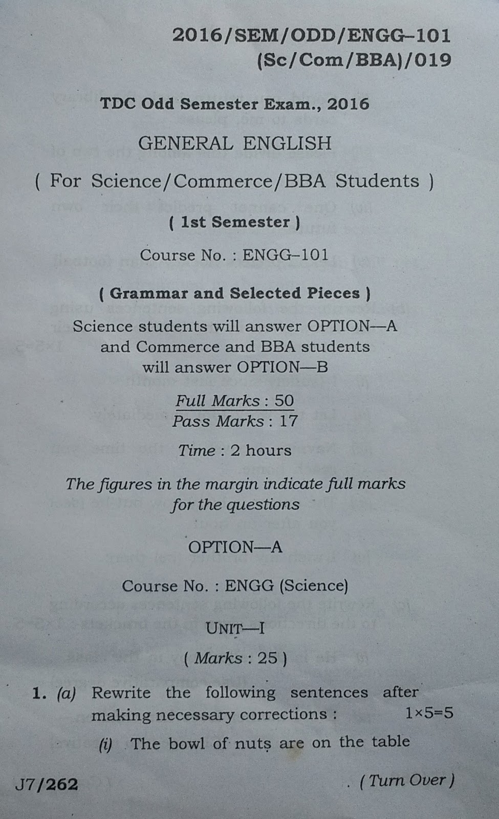 2016 1st semester General English(Pass) Questions(AssamUniversity