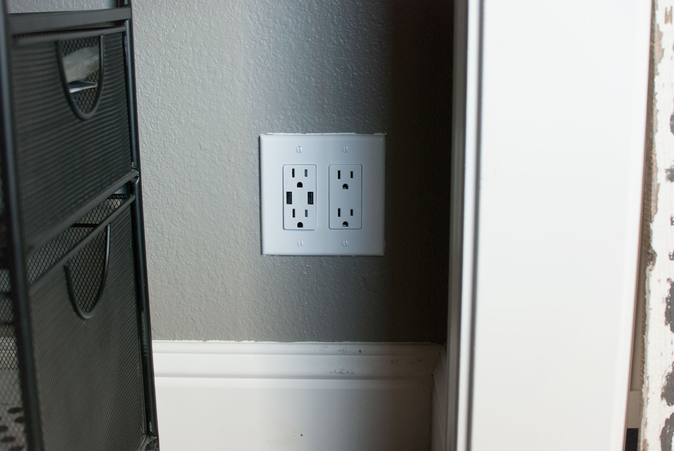 Electrical Outlet With USB Port Charging Installed in the Closet Desk