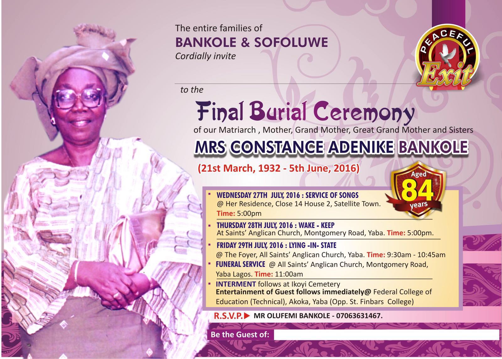 Mrs Adenike Bankole S Burial Comes Up Friday 29th July 2016 Ckn News