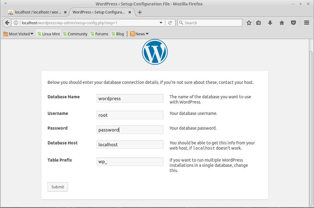 Localhost info. Localhost info