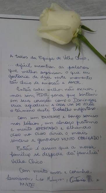 #VelhoChico: Leia a carta da família de Montagner para a equipe da novela #VelhoChico: Leia a carta da família de Montagner para a equipe da novela