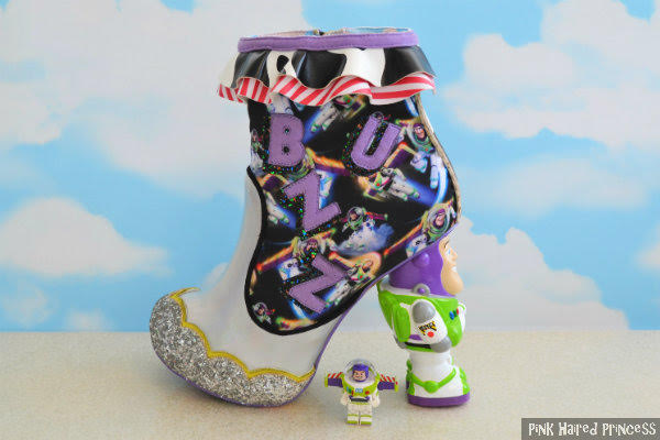 Irregular Choice You Are A Toy! Toy Story buzz boot buzz lightyear ankle boot with small buzz toy figure and sky background