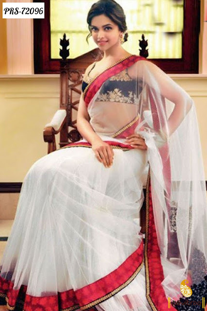 Beautiful Dimple Girl Deepika Padukone Special White Color Bollywood Replica Saree Online Shopping with Lowest Price rate