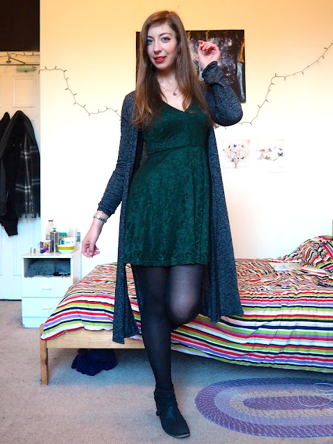 Birthday Party | Night out outfit of dark green lace dress, with grey cardigan, black ankle boots and tights