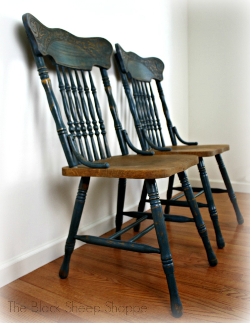 Pair of pressed back chairs painted in Aubusson blue. Pair of pressed back chairs painted in Aubusson blue.