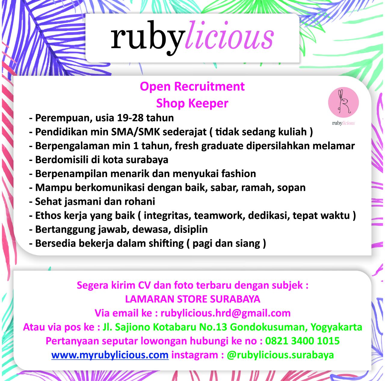 Lowongan Kerja Shop Keeper di Rubylicious - Surabaya | Lowongan kerja