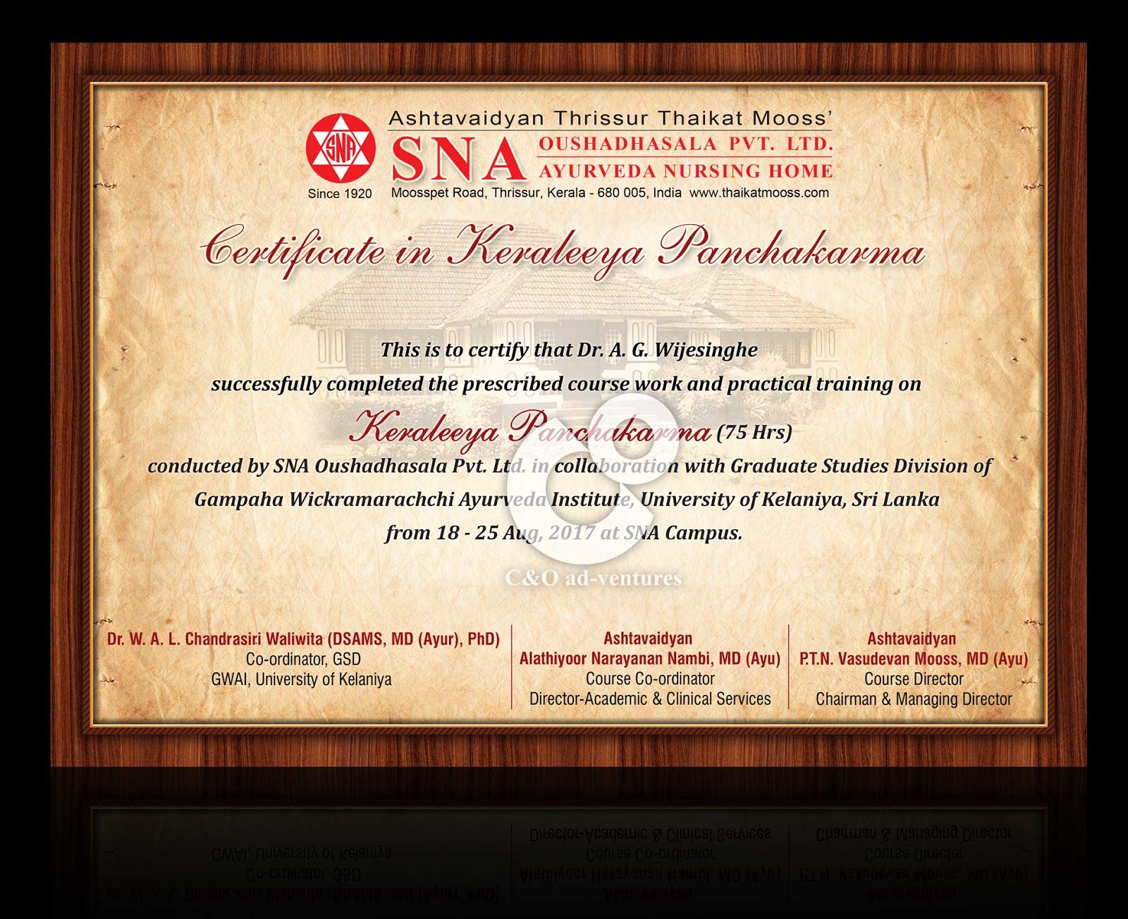 C & O adventures Ayurveda Certificate for Sri Lanka Doctors