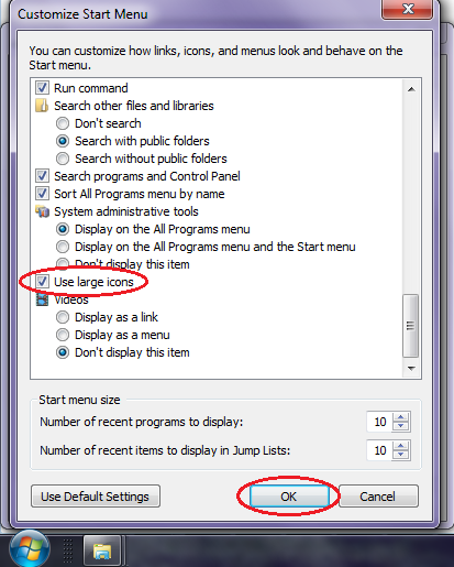 Gambar 5 - Hilangkan tanda centang pada pilihan Use large icons jika Anda menginginkan semua menu yang tampil pada start menu berukuran kecil, atau sebaliknya. Disini Anda juga bisa merubah secara personalisasi semua opsi menu menurut pilihan yang tersedia untuk tampil di start menu dan reaksi dari menu tersebut. Klik OK untuk menetapkan perubahan. Cara Mengubah Ukuran Icon Menu Start Windows 7