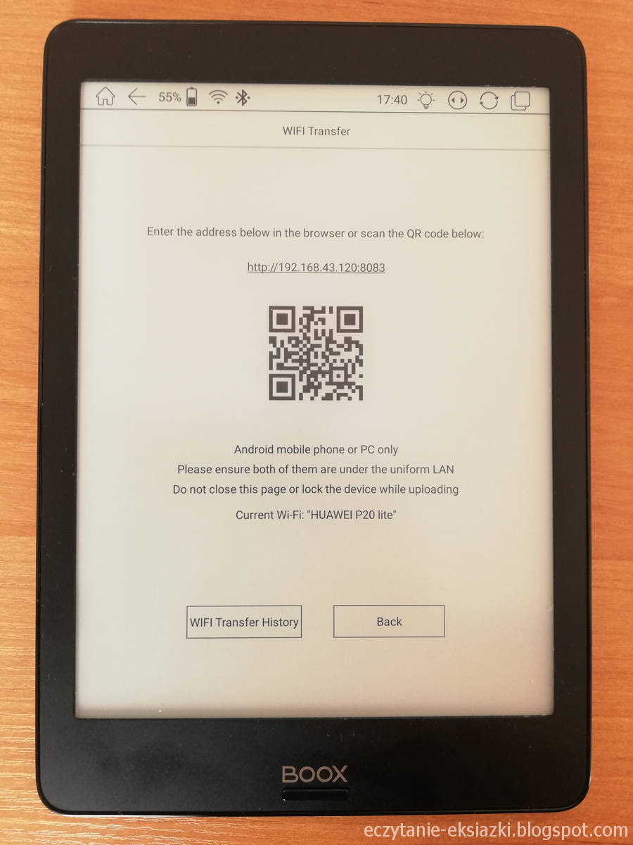 Aplikacja WiFi Transfer w Onyx Boox Nova umożliwia bezprzewodowe przesyłanie plików na czytnik