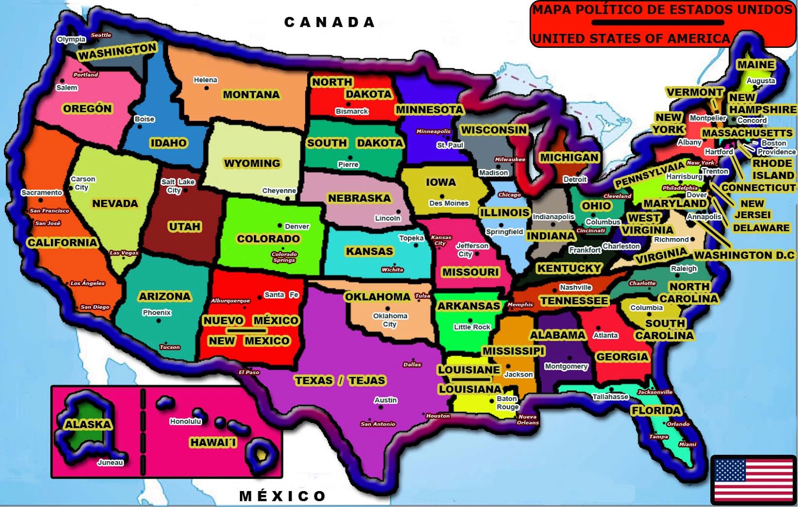 Estados Unidos 50 Mapa De Colores Y Nombres De Estados Imagen Vectorial ...