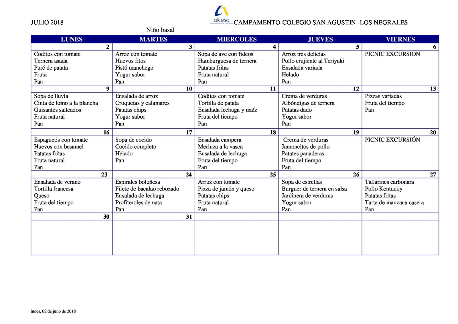 Campamento de Verano San Agustín: MENU Campamento Verano Julio2018