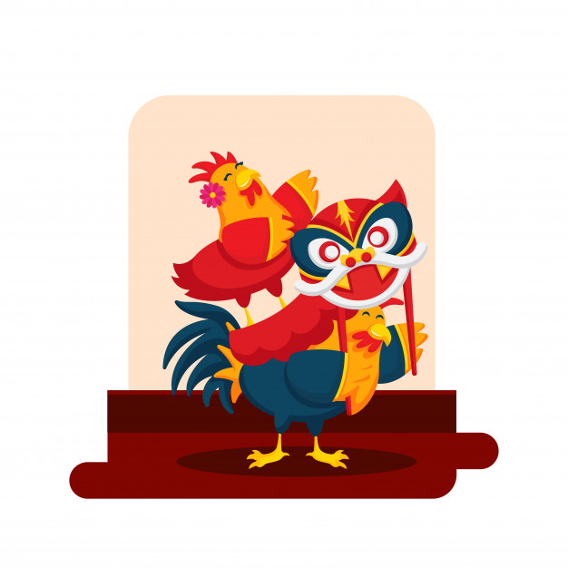 Romantic Cute Chinese New Year Rooster Couple Cartoon Character Illustration Free Vector