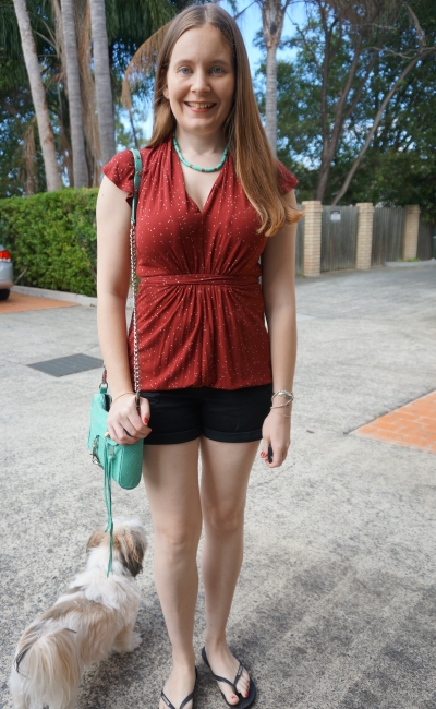 5 outfit 5 days final day burgundy dress worn as top with black denim shorts turquoise accessories | awayfromtheblue