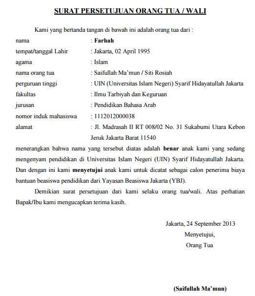 Contoh Surat Persetujuan Orang Tua Wali Beasiswa Mahasiswa