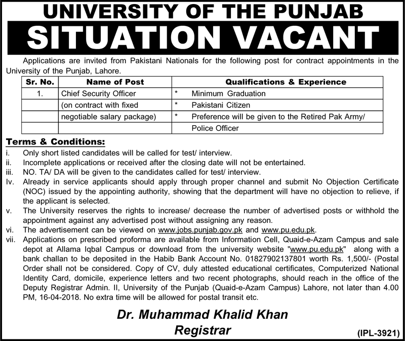 Jobs In University Of The Punjab April 2018 for Chief Security Officer