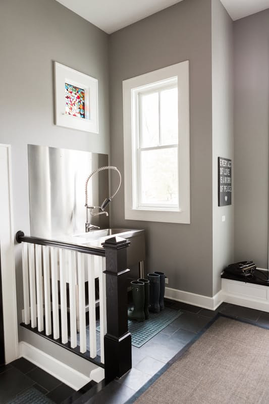 Mudroom with stainless sink in modern farmhouse - Hello Lovely Studio