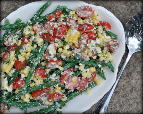 Green Bean Garden Salad, a 'real' garden salad ♥ KitchenParade.com, just fresh beans, tomatoes and corn tossed in tangy feta dressing. Weight Watchers Friendly. Low Carb. Gluten Free.