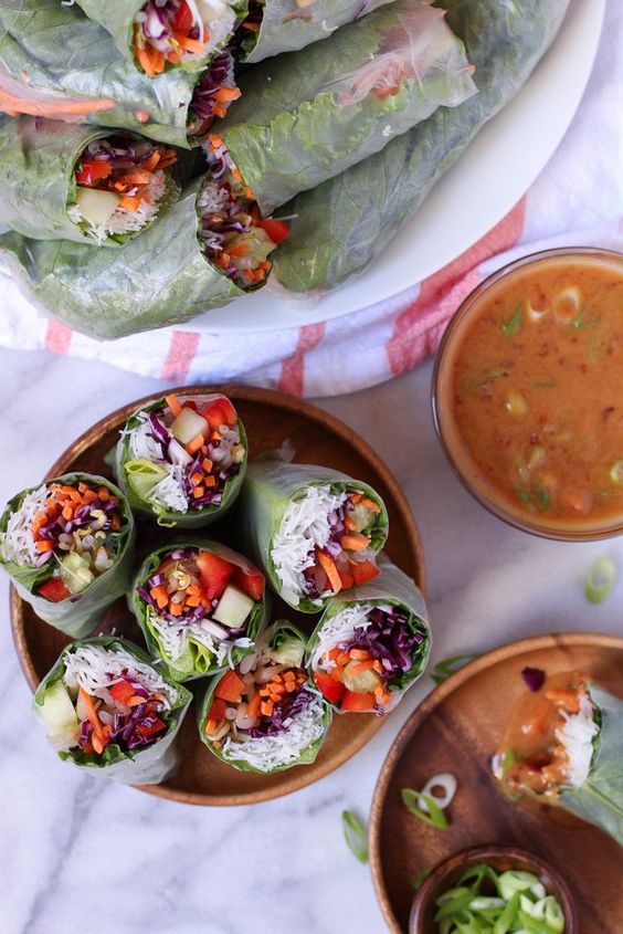 Veggie Spring Rolls with Spicy Peanut Dipping Sauce Veggie Spring Rolls with Spicy Peanut Dipping Sauce