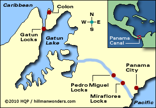 Figure 2: Map showing location and important points on Panama Canal