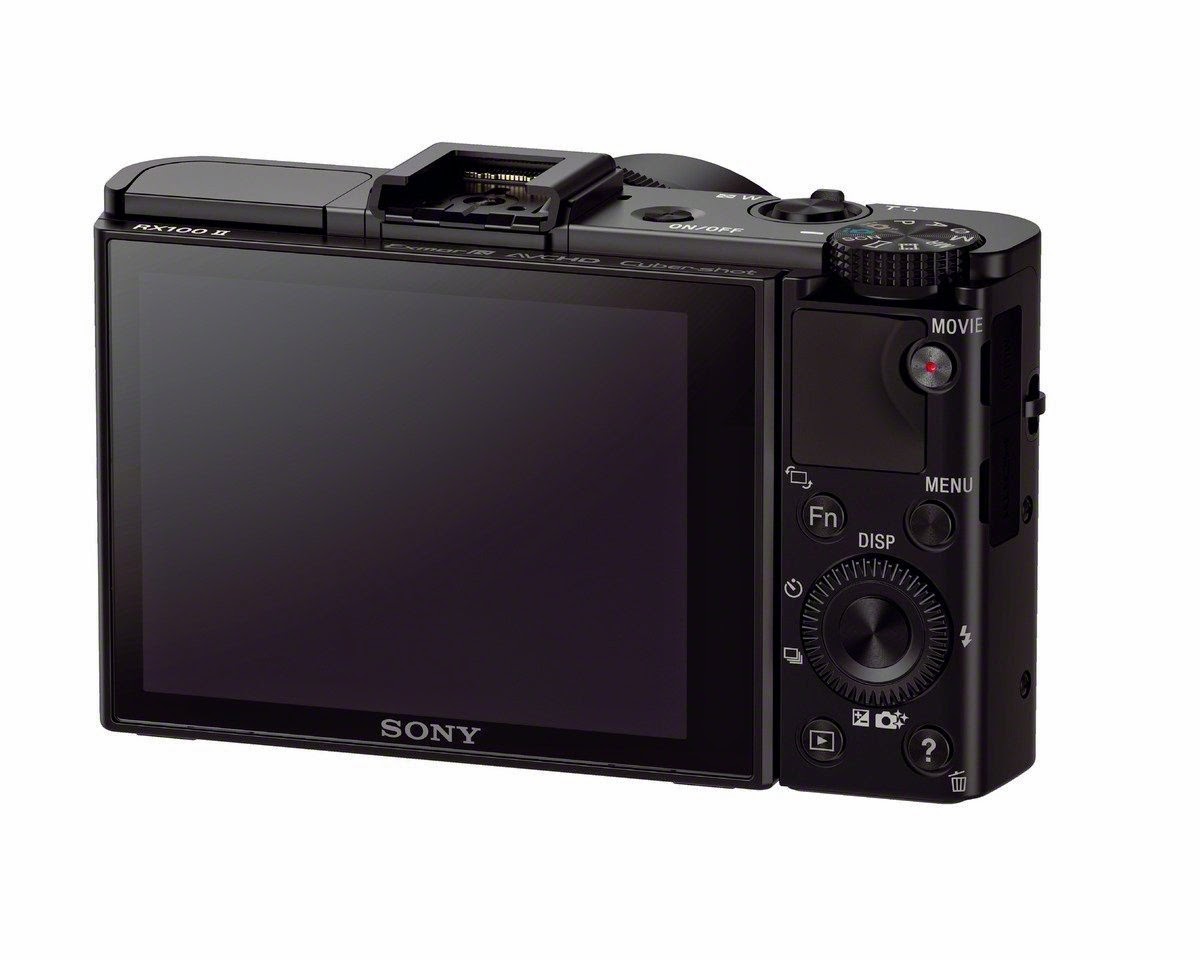 Sony DSC-RX100M II Cyber-shot Digital Still Camera, rear view, zoom lens focal range up to 100mm